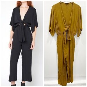Olivaceous Tie Front Plunging Neckline Jumpsuit Large Kimono Sleeve
